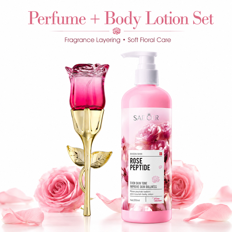 Perfume Fragrance Gift Set - ชุดน้ำหอมและโลชั่นบำรุงผิวกายกลิ่นกุหลาบสำหรับผู้หญิง, ชุดน้ำหอมแบบเลเยอร์, กลิ่นหอมดอกไม้ติดทนนาน ชุดของขวัญบำรุงผิว